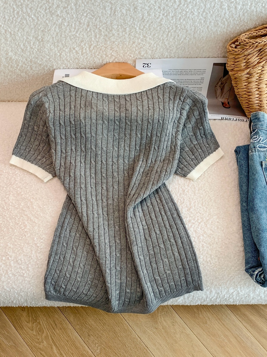 Women's 2026 Summer Thin Knit Top with Faux Two-Piece Collar and Short Sleeves