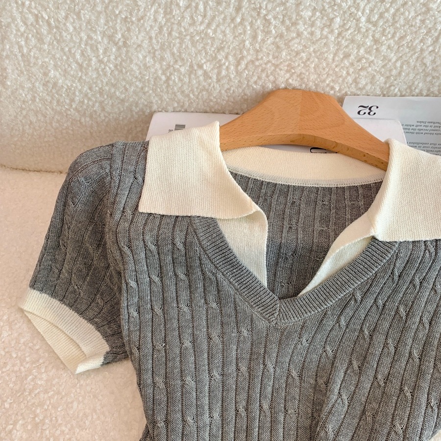Women's 2026 Summer Thin Knit Top with Faux Two-Piece Collar and Short Sleeves