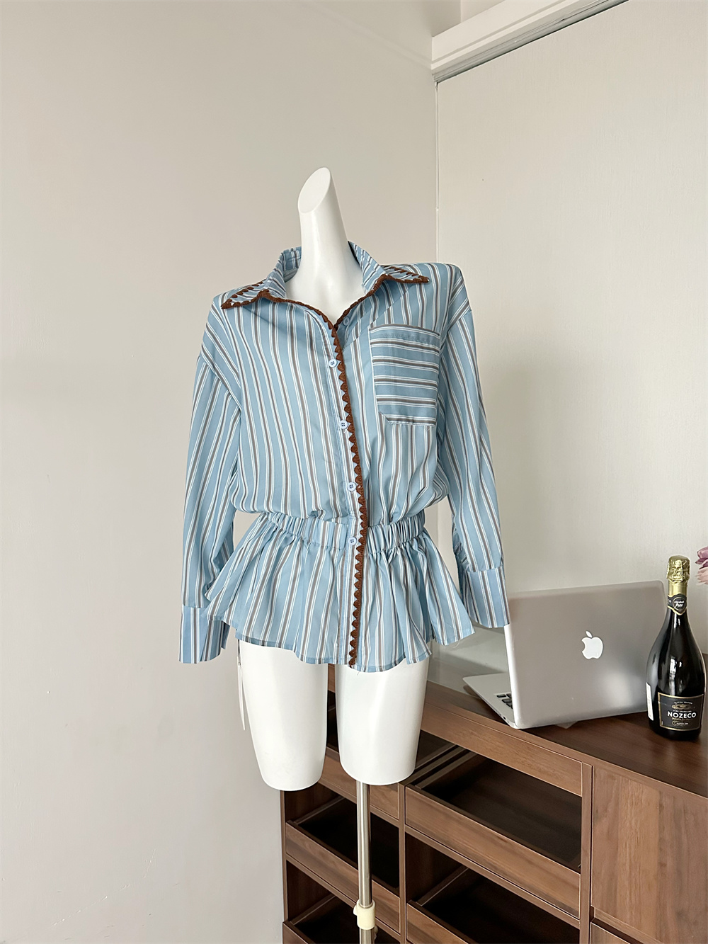 Women's Blue Long Sleeve Striped Shirt French Chic Loose Fit Top