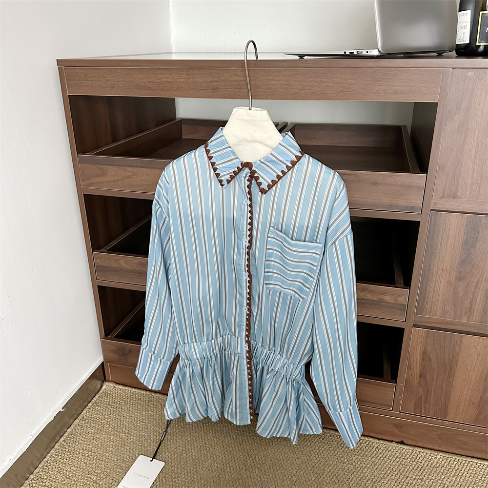 Women's Blue Long Sleeve Striped Shirt French Chic Loose Fit Top