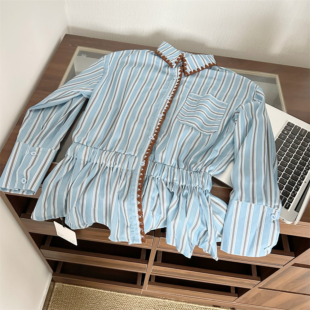 Women's Blue Long Sleeve Striped Shirt French Chic Loose Fit Top