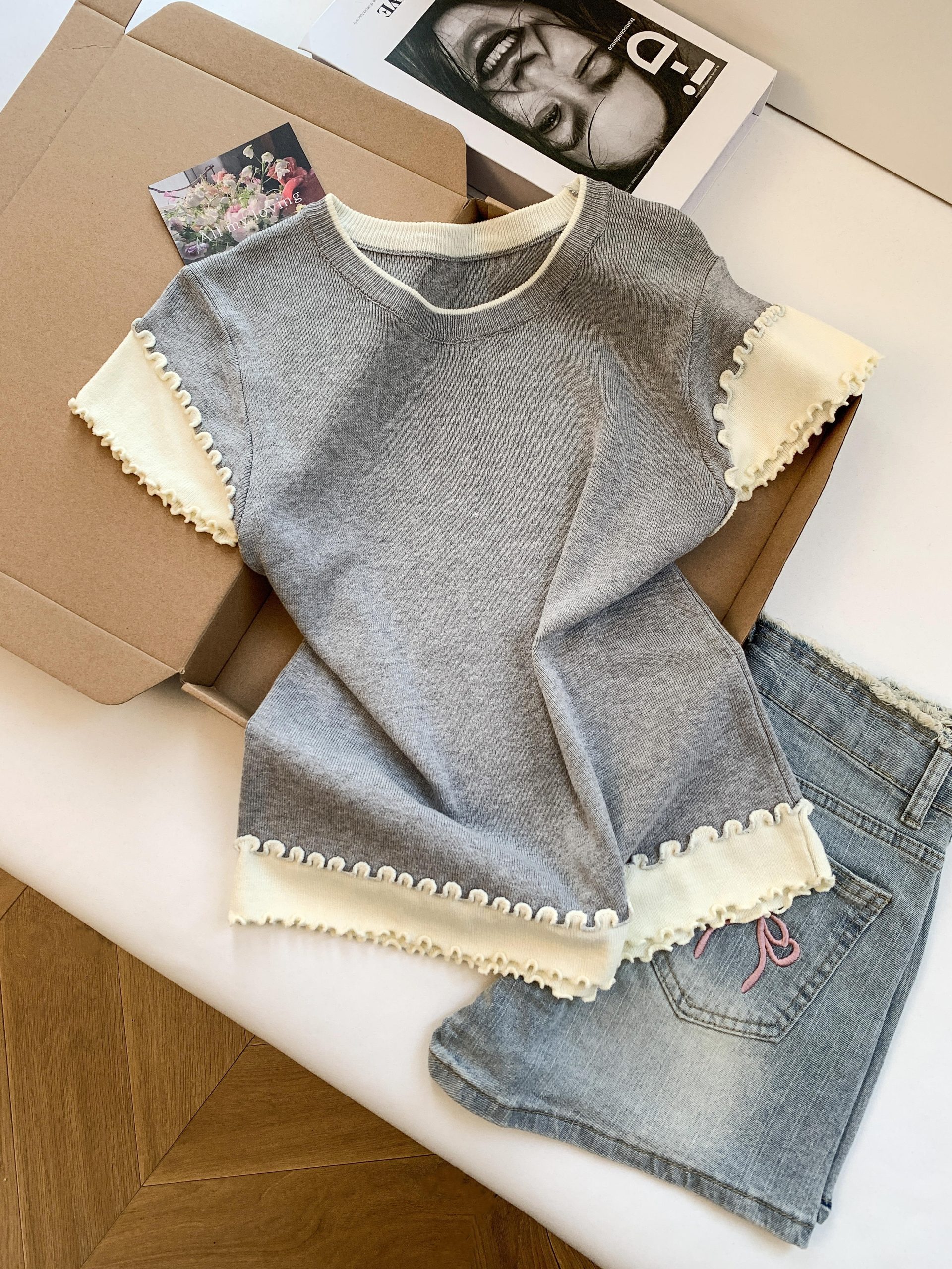 Women's Color Block Knit T-Shirt Short Sleeve Summer Layered Look Top