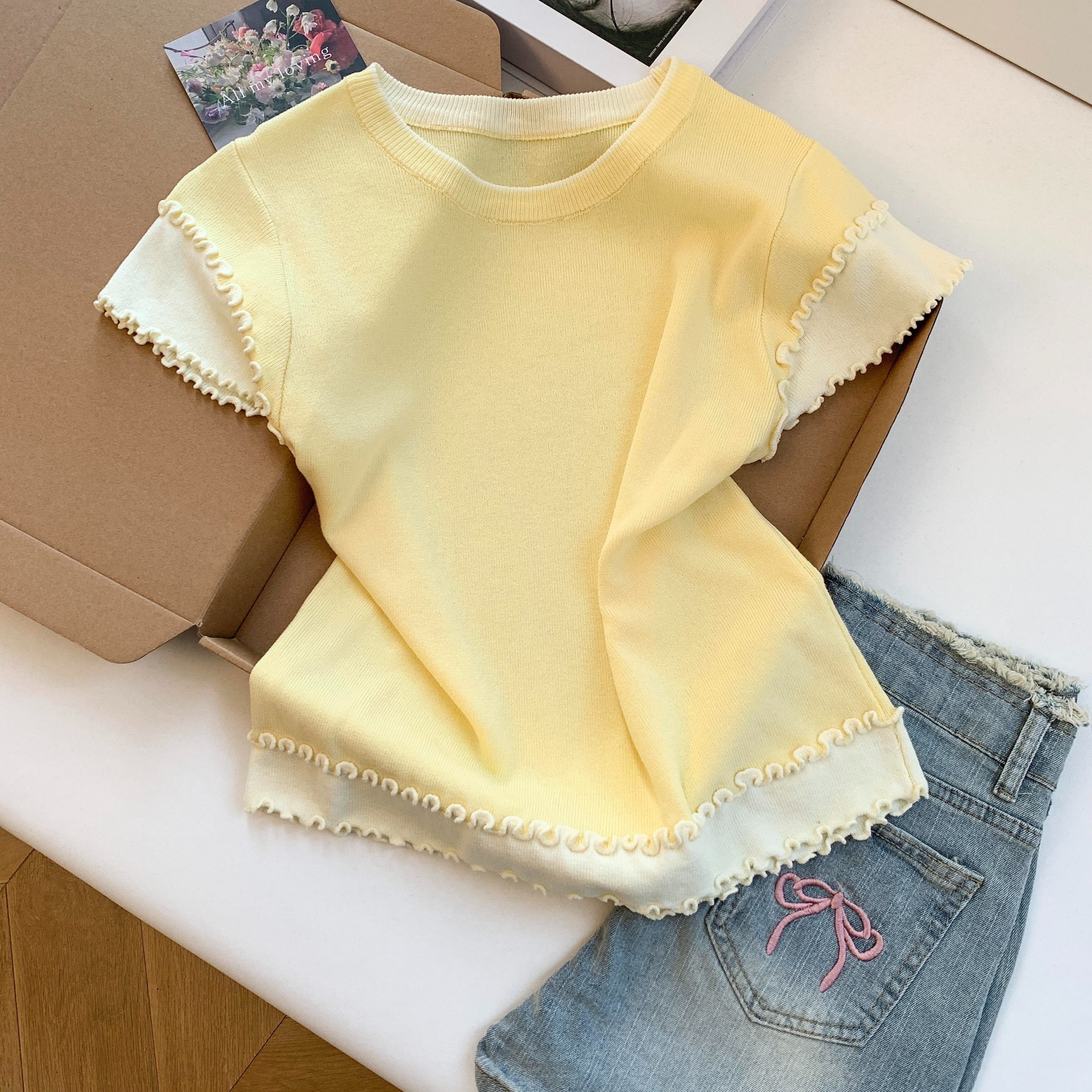 Women's Color Block Knit T-Shirt Short Sleeve Summer Layered Look Top