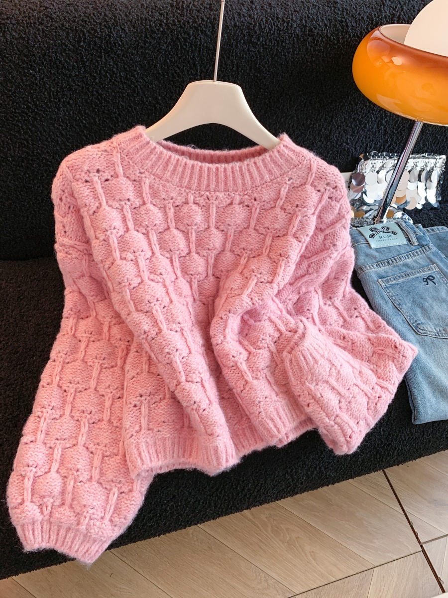 Women's Cozy Textured Knit Pullover Sweater Korean Retro Soft Short Top
