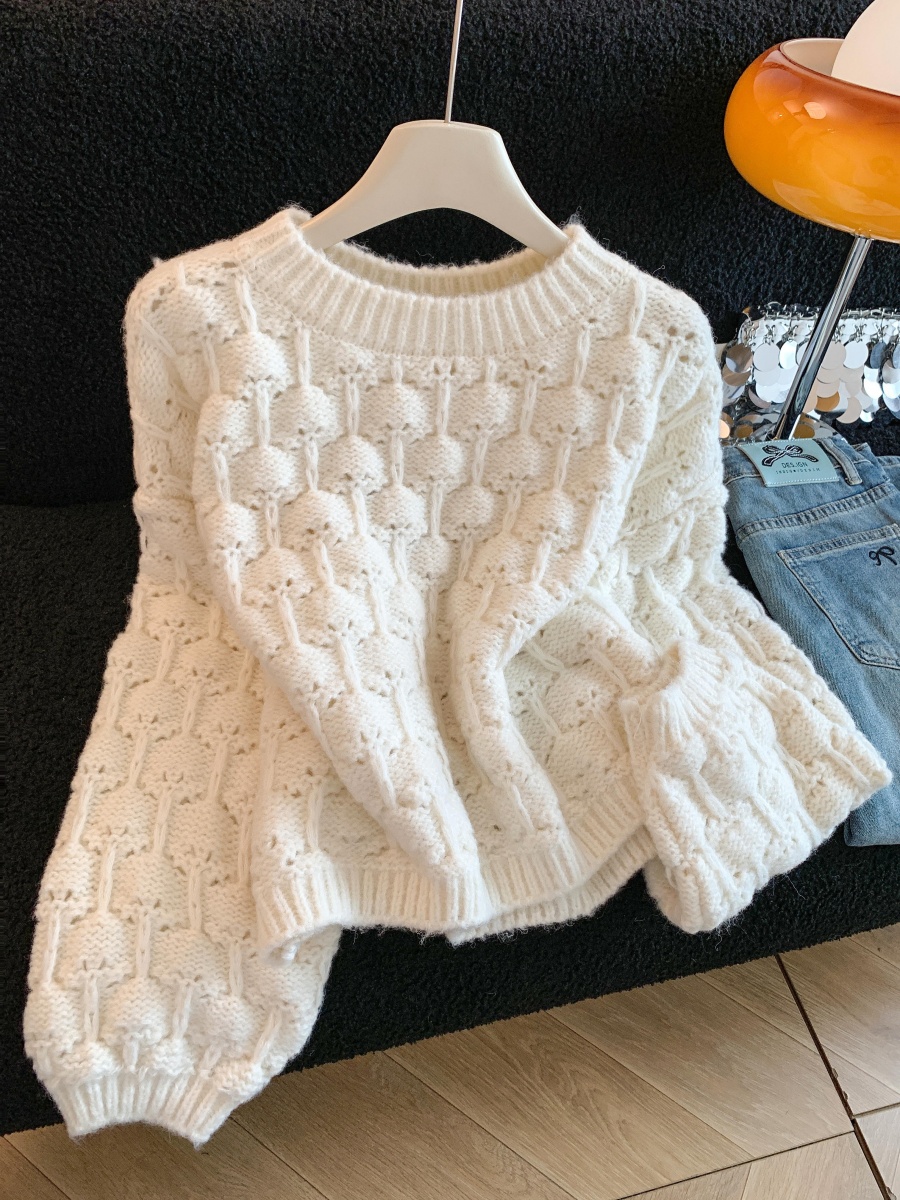 Women's Cozy Textured Knit Pullover Sweater Korean Retro Soft Short Top