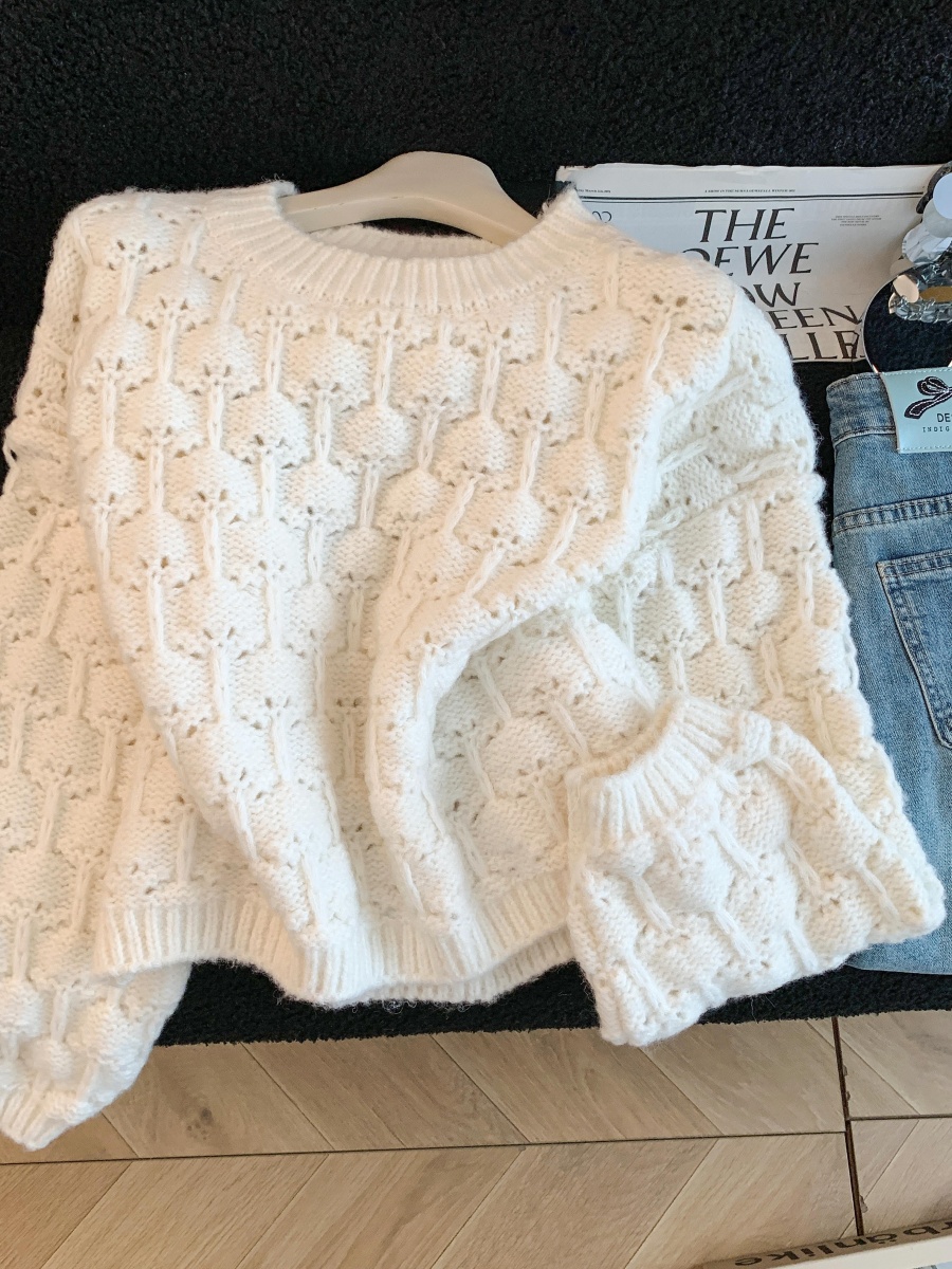 Women's Cozy Textured Knit Pullover Sweater Korean Retro Soft Short Top