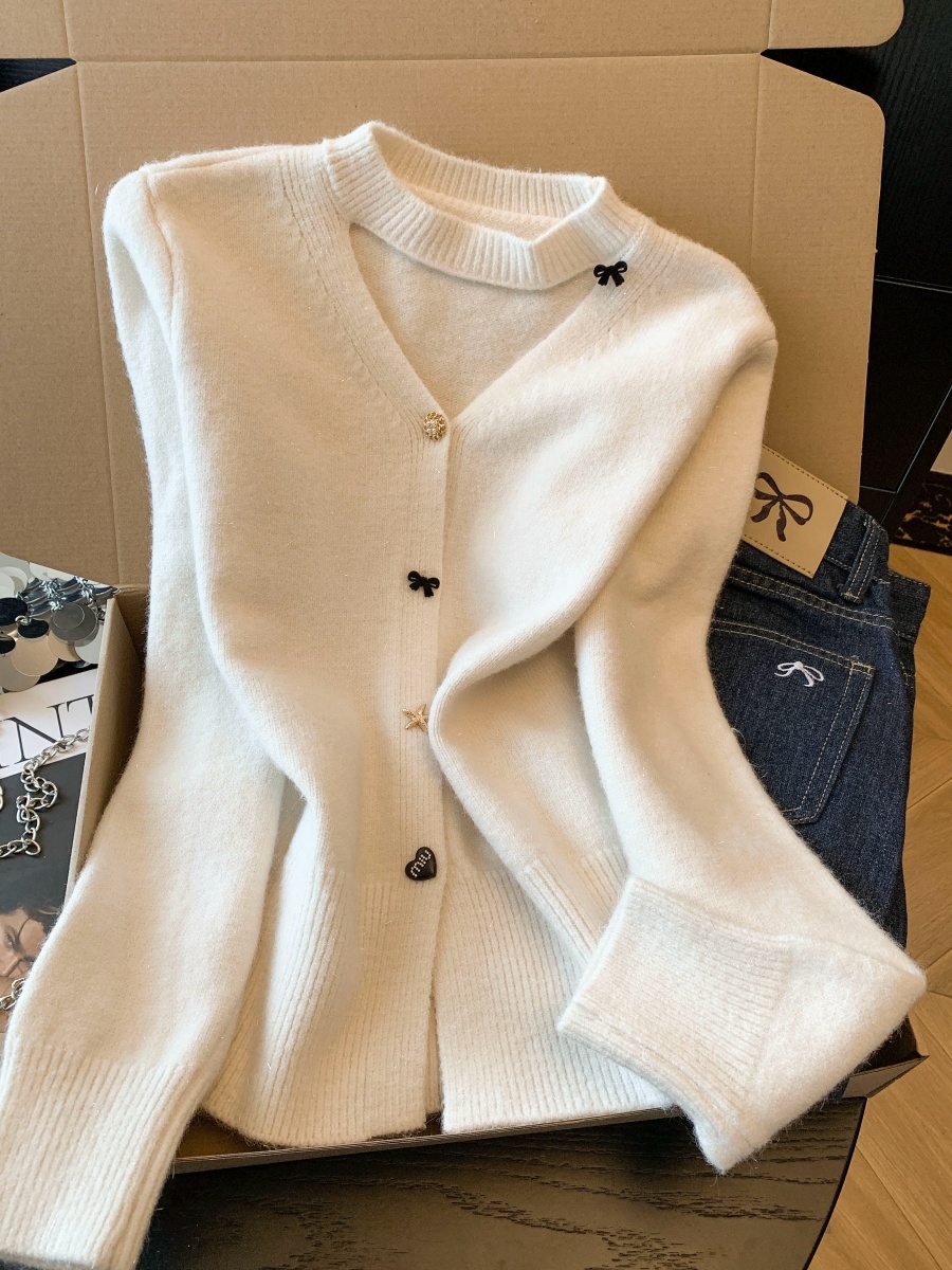 Women's Korean Style V-Neck Long Sleeve Sweater Cardigan with Bow and Glitter Detail