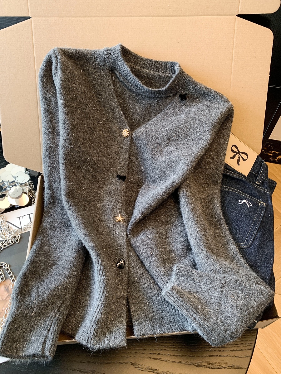 Women's Korean Style V-Neck Long Sleeve Sweater Cardigan with Bow and Glitter Detail