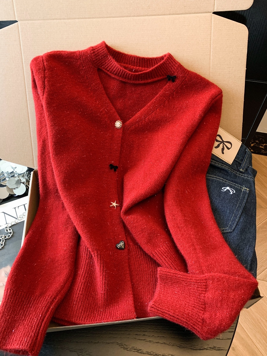Women's Korean Style V-Neck Long Sleeve Sweater Cardigan with Bow and Glitter Detail