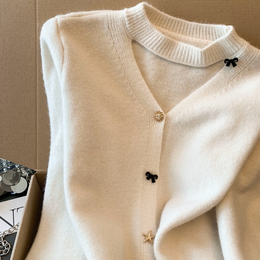 Women's Korean Style V-Neck Long Sleeve Sweater Cardigan with Bow and Glitter Detail