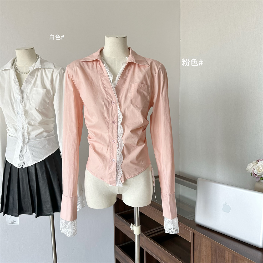 Women's Lace Sweet Blouse with Ruffle Trim and Cutout Lace Detail Waist-Cinching Pleated Slimming Shirt