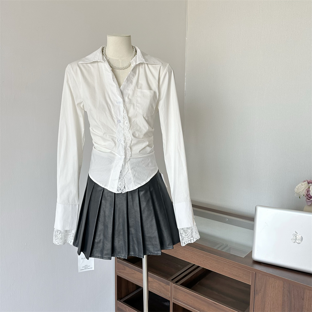 Women's Lace Sweet Blouse with Ruffle Trim and Cutout Lace Detail Waist-Cinching Pleated Slimming Shirt