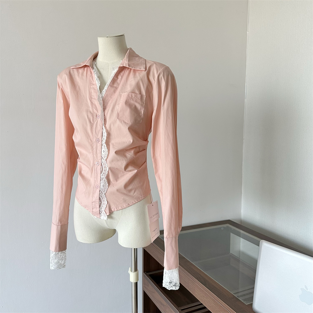 Women's Lace Sweet Blouse with Ruffle Trim and Cutout Lace Detail Waist-Cinching Pleated Slimming Shirt