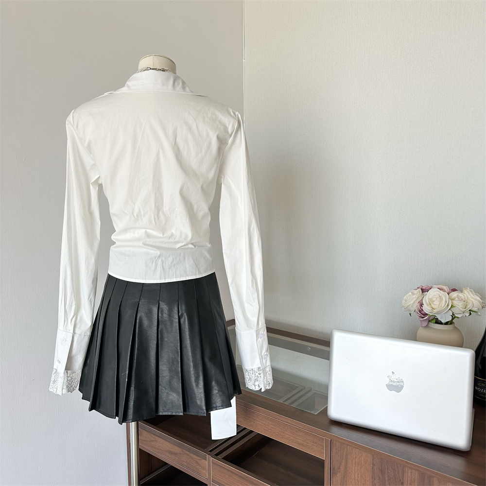 Women's Lace Sweet Blouse with Ruffle Trim and Cutout Lace Detail Waist-Cinching Pleated Slimming Shirt