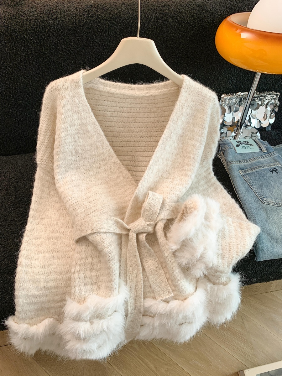 Women's Lazy Style Loose Tie-Waist Fuzzy Spliced Long-Sleeve Cardigan Sweater