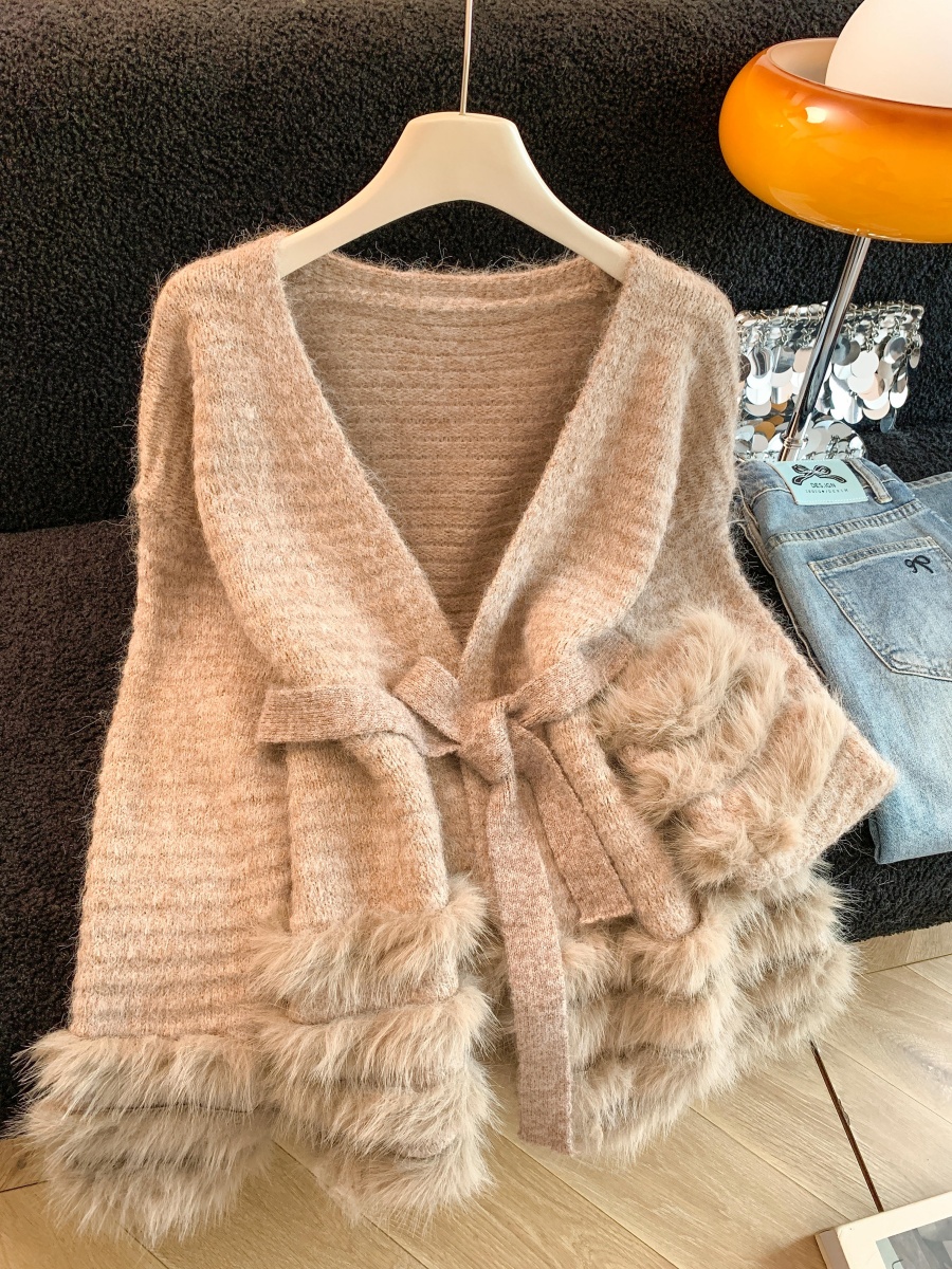 Women's Lazy Style Loose Tie-Waist Fuzzy Spliced Long-Sleeve Cardigan Sweater