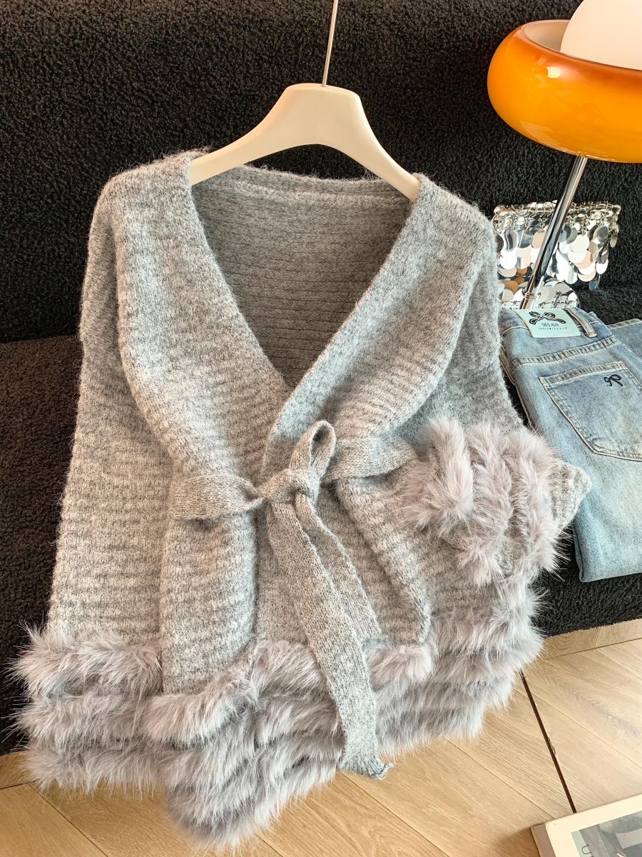 Women's Lazy Style Loose Tie-Waist Fuzzy Spliced Long-Sleeve Cardigan Sweater