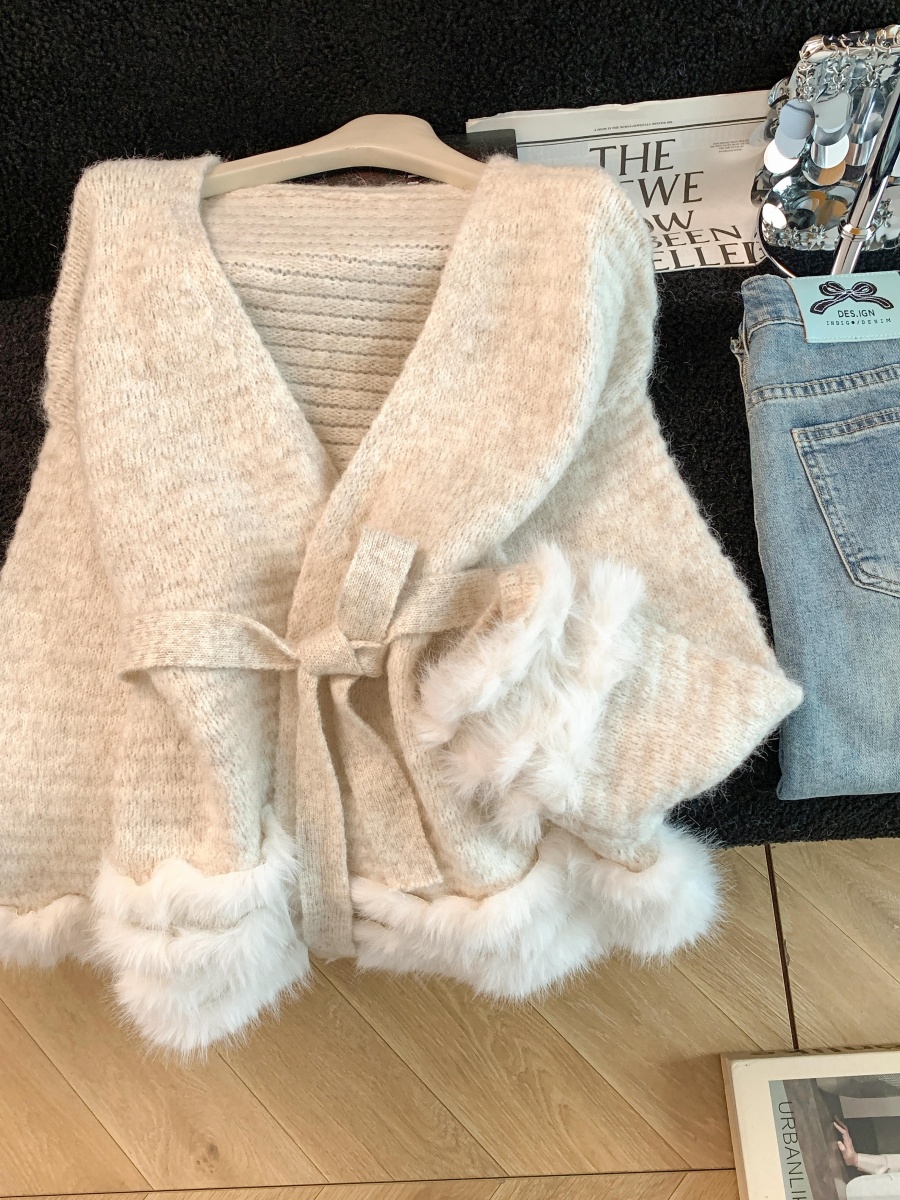 Women's Lazy Style Loose Tie-Waist Fuzzy Spliced Long-Sleeve Cardigan Sweater