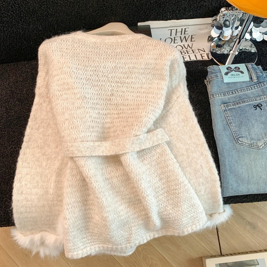 Women's Lazy Style Loose Tie-Waist Fuzzy Spliced Long-Sleeve Cardigan Sweater
