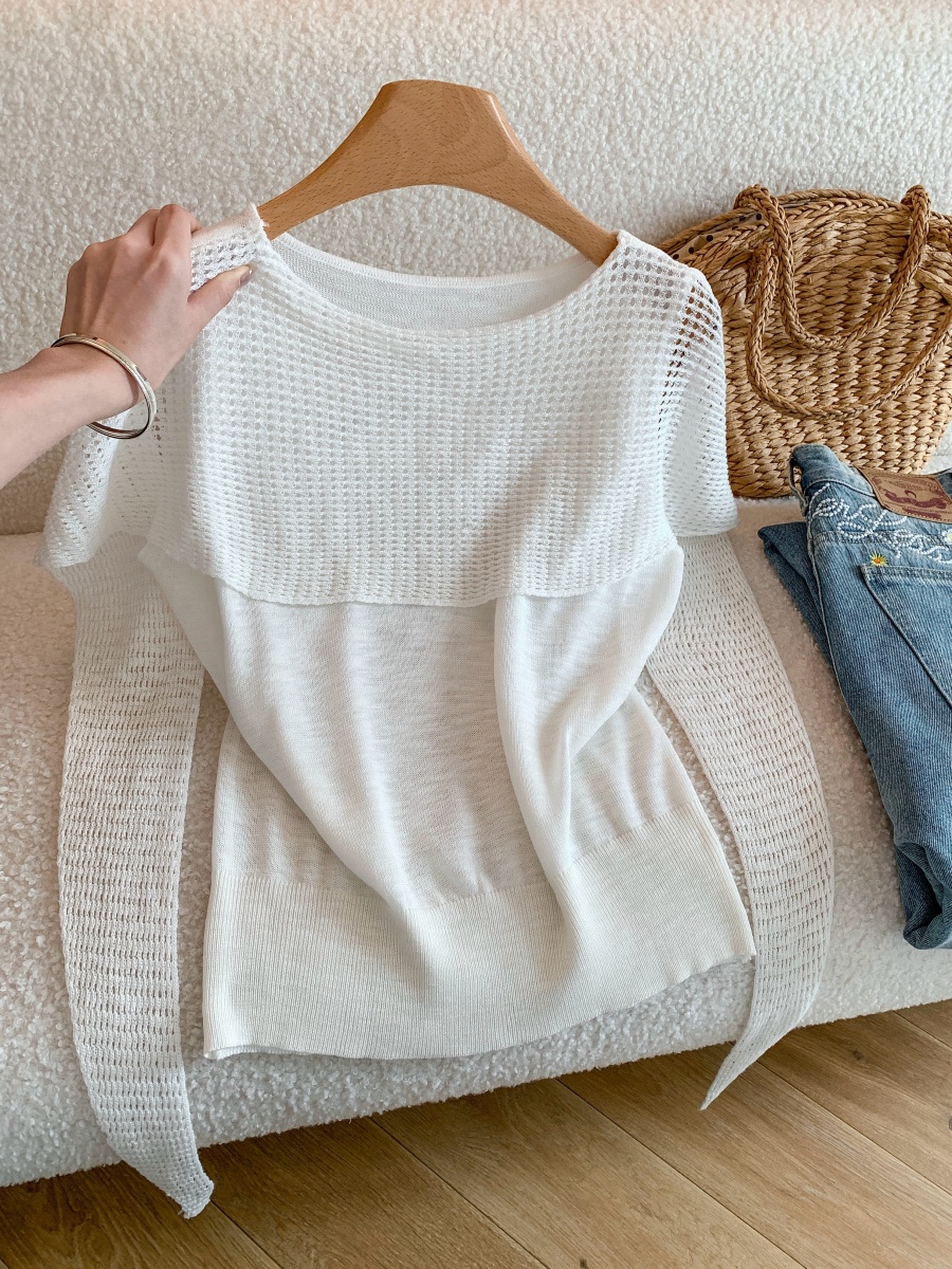 Women's Summer French Style Asymmetric Cutout Short Sleeve Ice Silk Knit Top
