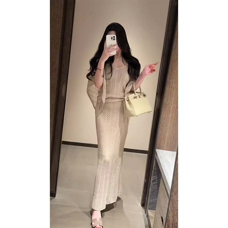 Women's Summer Knit Three-Piece Set Sleeveless Top Long Skirt Cardigan