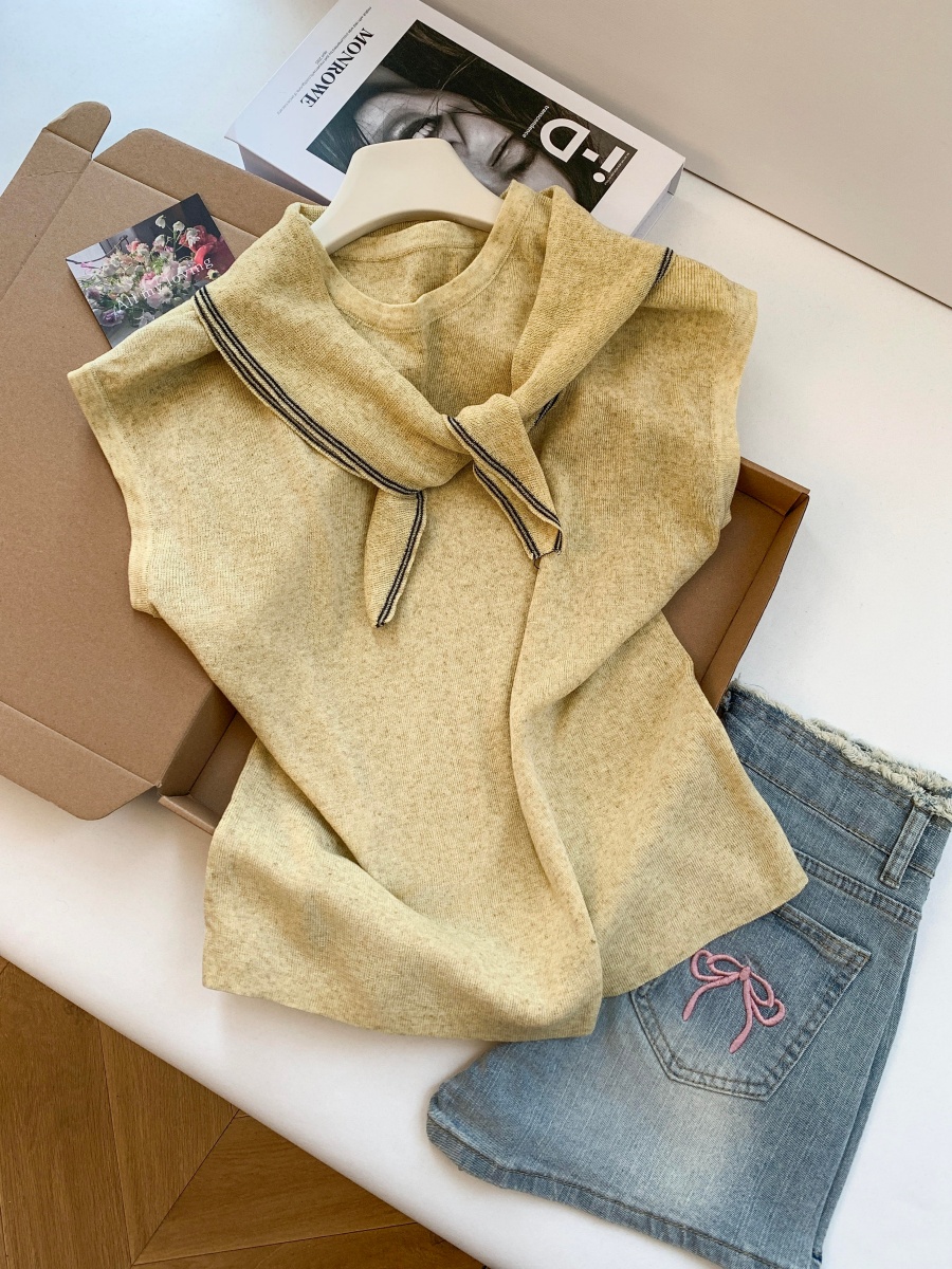 Women's Summer Knit Top with Removable Color-Block Scarf Two-Piece Set