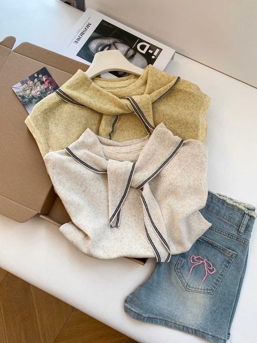 Women's Summer Knit Top with Removable Color-Block Scarf Two-Piece Set