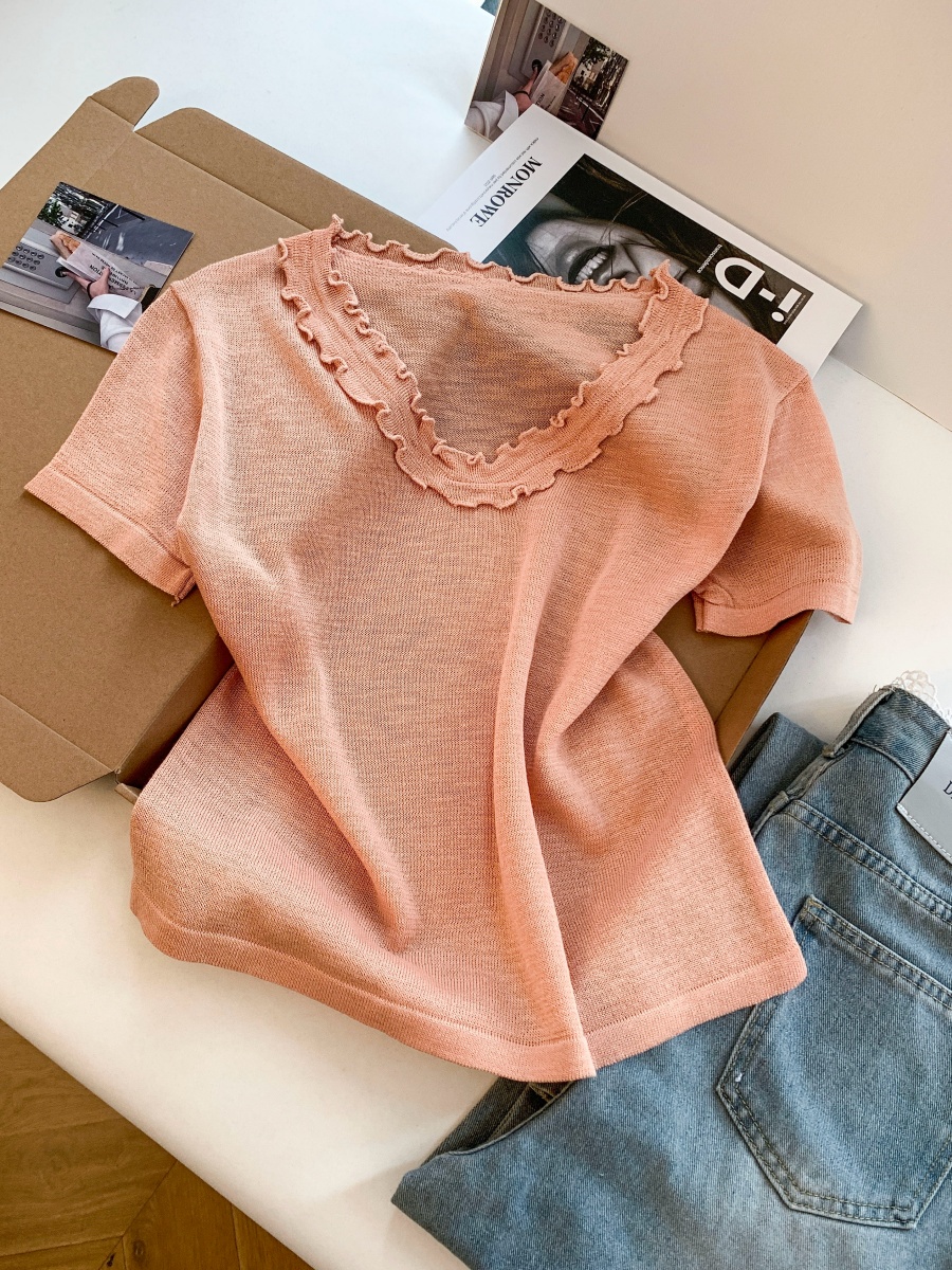 Women's Summer Lace Collar Short Sleeve Knit Top Casual Loose Slimming Pullover