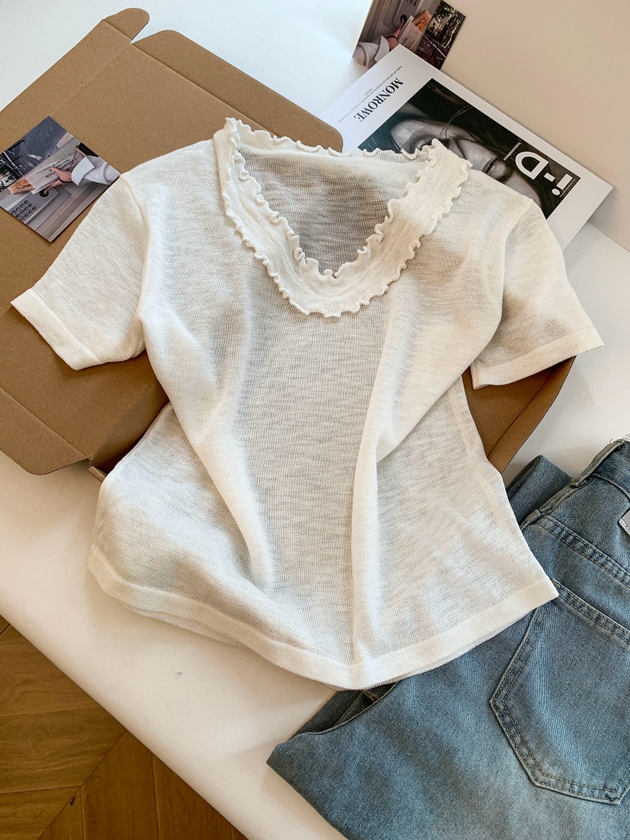 Women's Summer Lace Collar Short Sleeve Knit Top Casual Loose Slimming Pullover