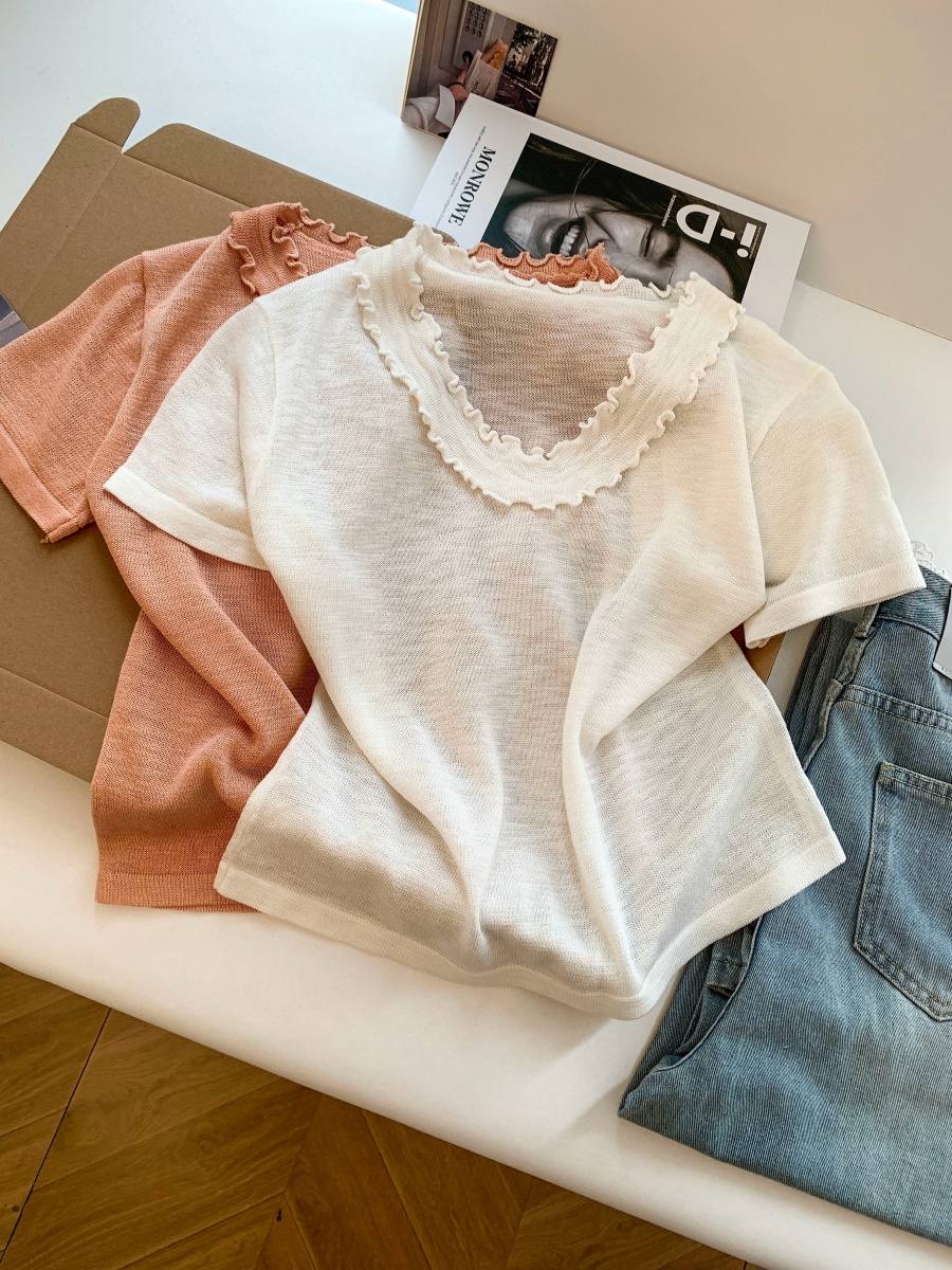 Women's Summer Lace Collar Short Sleeve Knit Top Casual Loose Slimming Pullover