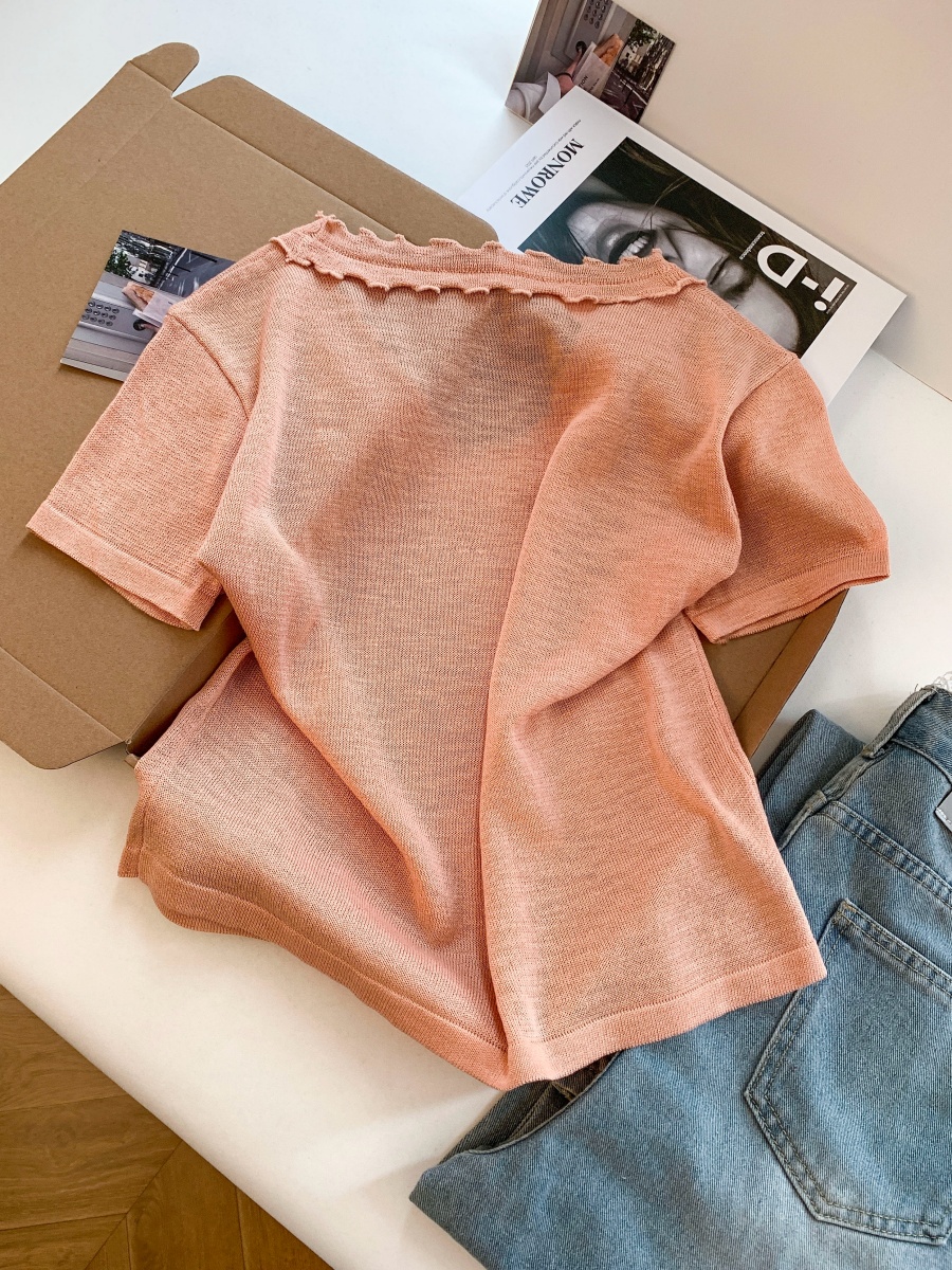 Women's Summer Lace Collar Short Sleeve Knit Top Casual Loose Slimming Pullover