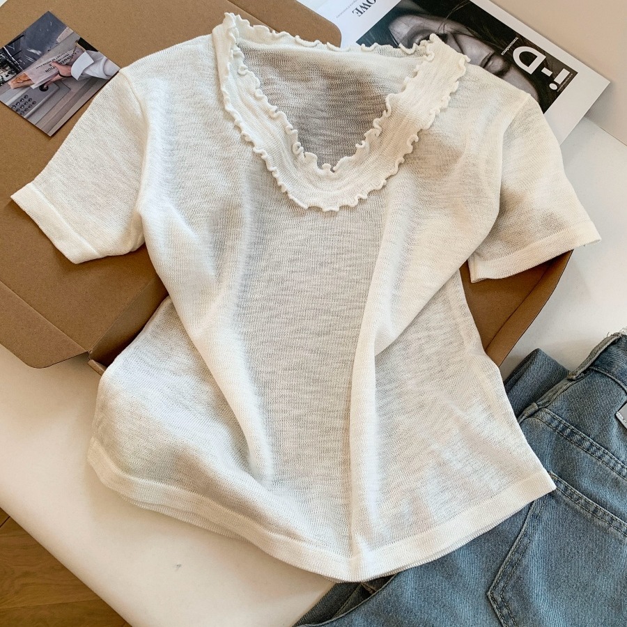 Women's Summer Lace Collar Short Sleeve Knit Top Casual Loose Slimming Pullover