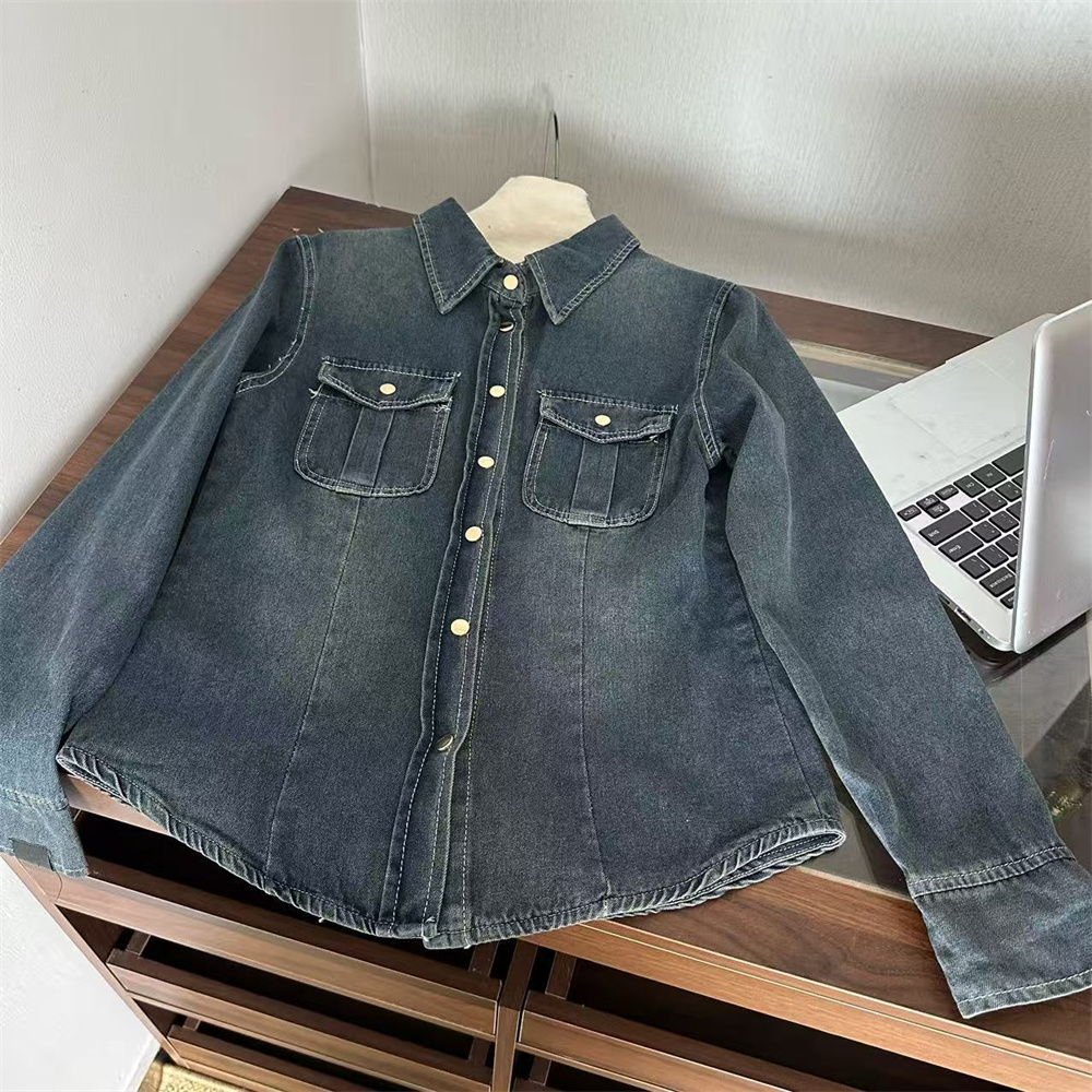Women's Waist-Cinched Denim Shirt Vintage Style Slimming Long Sleeve Top